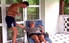 Dirty granny sucks a hard young dick outside